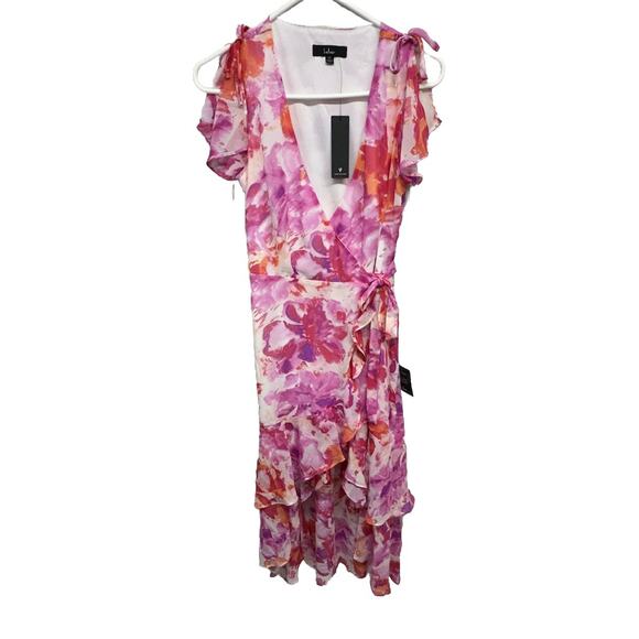 Lulus Dress Womens XS Lovable Aura Pink Floral Print Tiered Midi Wrap Dress - Picture 2 of 11